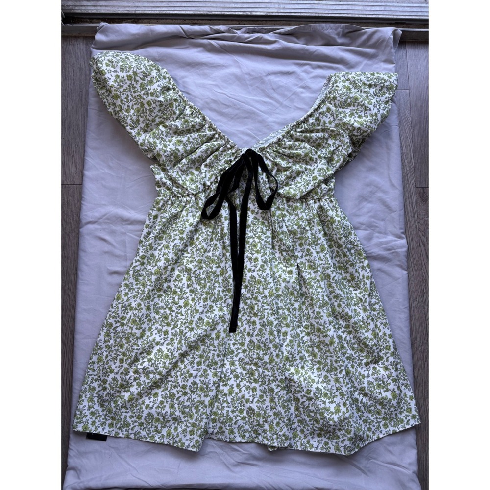 Floral Mini Dress Green White Velvet Tie Babydoll Ruffle Cottagecore NWT